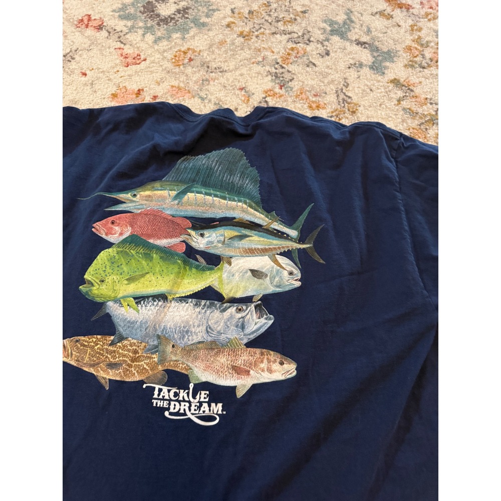 Hanes Mens 3XL Tackle The Dream Fishing Pocket T-Shirt Navy Blue Graphic Tee